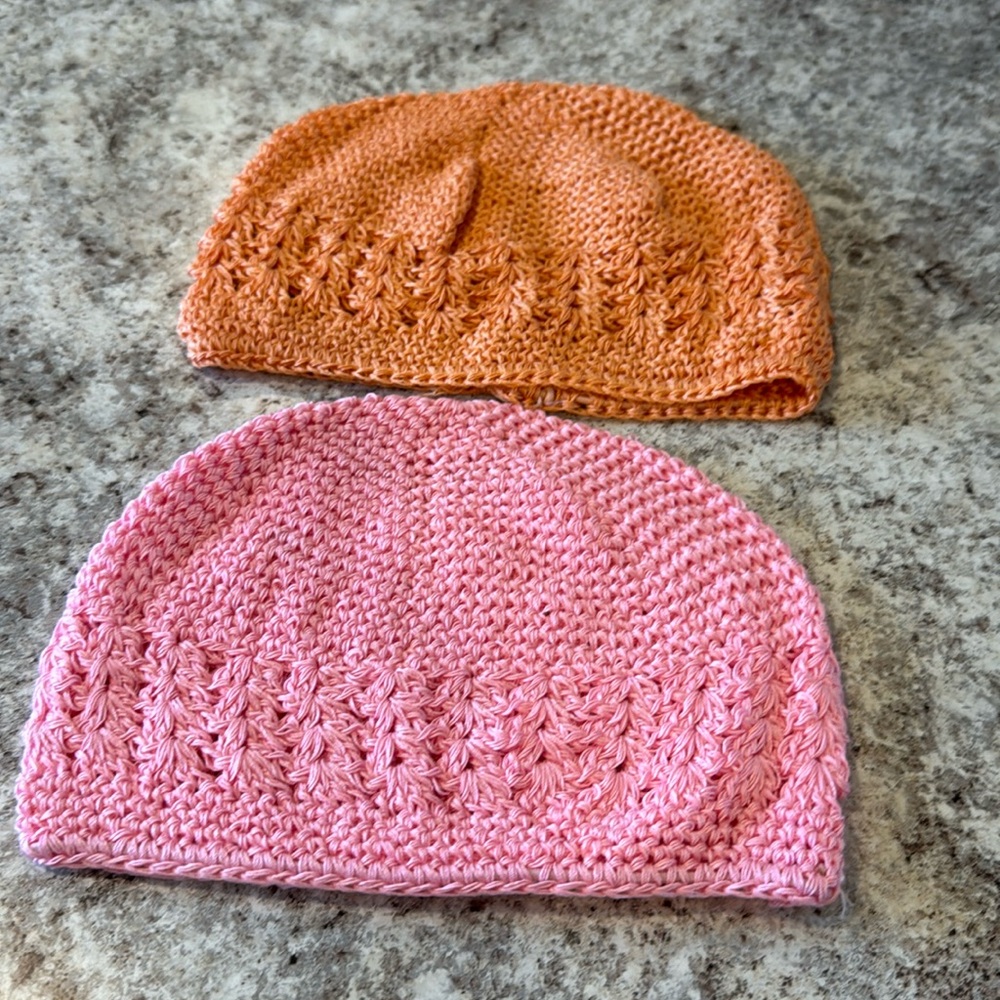 Instant baby hats 7.5” rim laid flat pink and orange set of two new in package